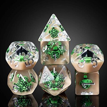 Cusdie 7-Die Dice DND, Polyhedral Dice Set Filled with Animal(Green Turtle