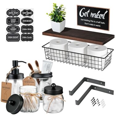SheeChung 9 Pcs Mason Jars Bathroom Accessories Set Complete - Rustic Brown