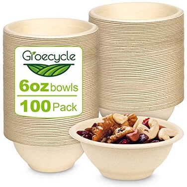Groecycle 6oz Small Compostable Paper Bowls, 100 Pack Biodegradable Bagasse