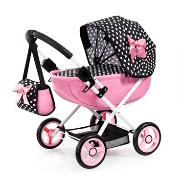 Bayer Design Cosy Doll Pram, Foldable Stroller for 18 in Dolls, Black Pink