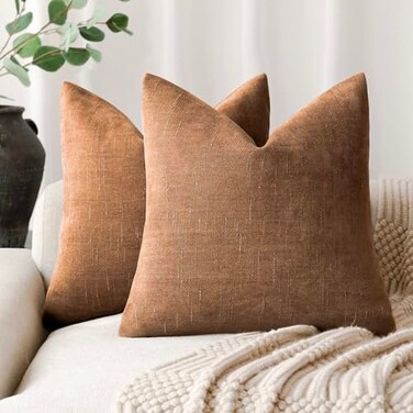 Foindtower Solid Textured Chenille Throw Pillow Covers 20x20 Inch,Bronze