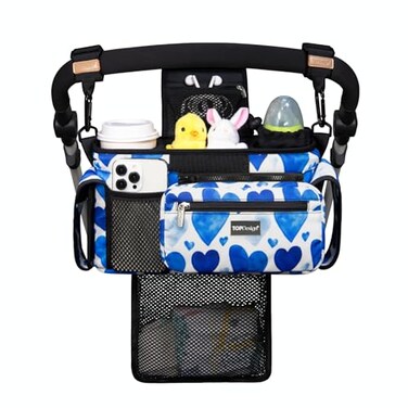 TOPDesign Universal Baby Stroller Organizer, Stroller Caddy with Detachable Mesh BagHeightened Insulated Cup HoldersNon-Slip Secure Hooks Accessories, Fits Most Strollers (Love