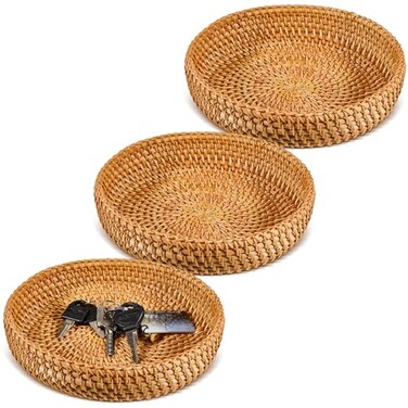 Hushee 3 Pcs Small Wicker Key Basket Entryway Table, Brown, Round