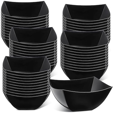 Tanlade 50 Pcs Black Serving Bowls 8 oz Square Plastic Disposable Salad