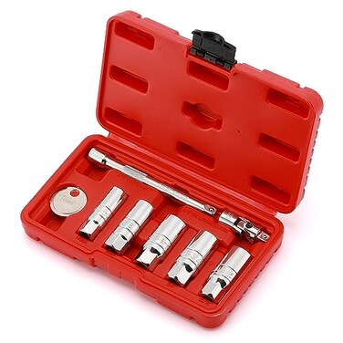 CASOMAN 3/8-Inch Drive Spark Plug Socket Set, 6-Point, Include Extension Bar, Universal JointSpark Plug Gapper, 8Piece Set, CR-V Steel
