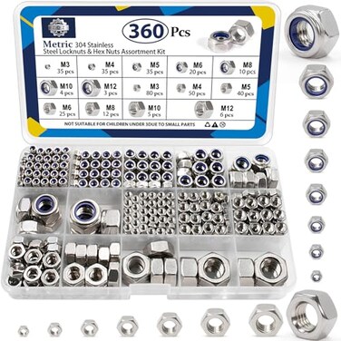 ZQZ 360Pcs Metric Hex NutLock Nuts Assortment Kit (M3-M12Hardware Nut