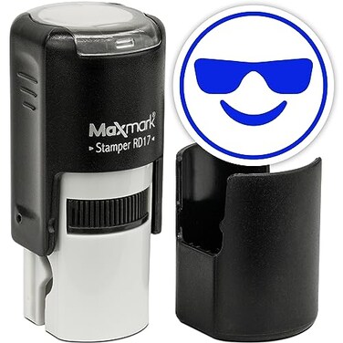 MaxMark Round Self Inking Emoji Stamp - Sunglasses - Blue Ink