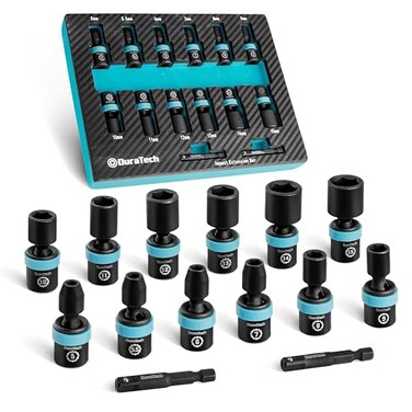 DURATECH 1/4" Drive Impact Universal Joint Socket Set, 14-Piece, 5mm-15mm