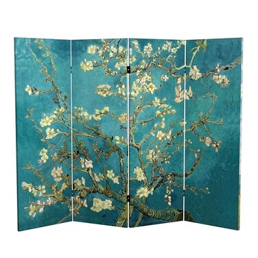 Red Lantern Double Sided Works of Van Gogh Canvas Folding Screen - Almond Blossoms/Wheat Field, 4 ft Short - 4 Panel