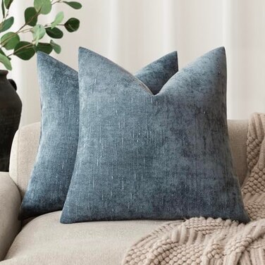 Foindtower Solid Textured Chenille Throw Pillow Covers 16x16 Inch,Blue