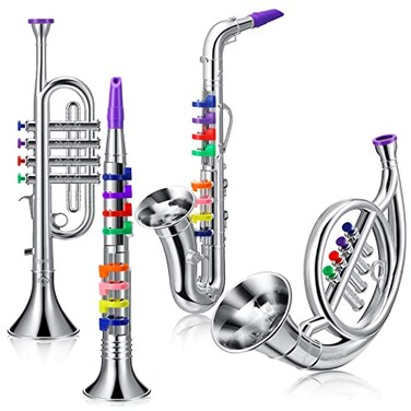Treela 4 Pcs Kids Instruments Set, Musical Toy Trumpet Gift, Silver, Basic