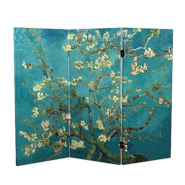 Red Lantern Double Sided Works of Van Gogh Canvas Folding Screen - Almond Blossoms/Wheat Field, 3 ft Short - 3 Panel
