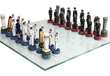 Pacific Giftware Army vs Navy Chess Set with Glass Board New