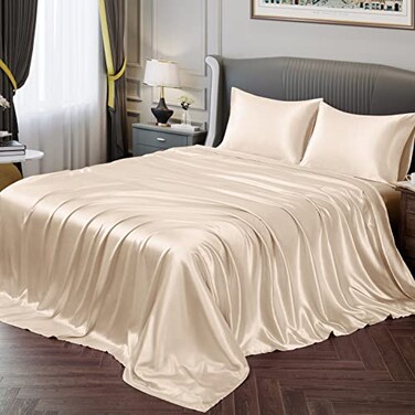 Vonty Satin Twin Beige Sheets, FittedFlatPillowcase
