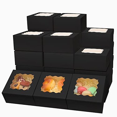 Bakepacker Black Cookie Boxes With Window 6x6x3 inches 60pcs