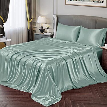Vonty Satin Full Mint Green Sheets, FittedFlat2 Pillowcases