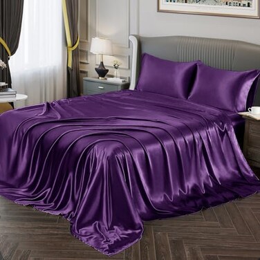 Vonty Satin Full Dark Purple Sheets, FittedFlat2 Pillowcases