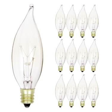 KOR 15W Clear Flame Tip Incandescent Bulbs, Candelabra E12, 12-Pack