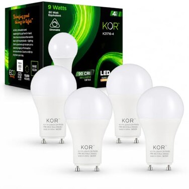 KOR GU24 A19 LED Light Bulbs, 2700K Warm White, Dimmable, 9W, 4-Pack