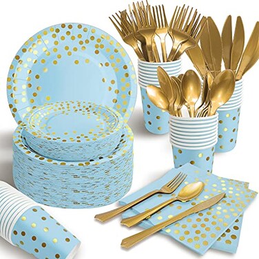 AIRE Blue Gold Paper Plates Set, 350PCS Disposable Dinnerware for 50