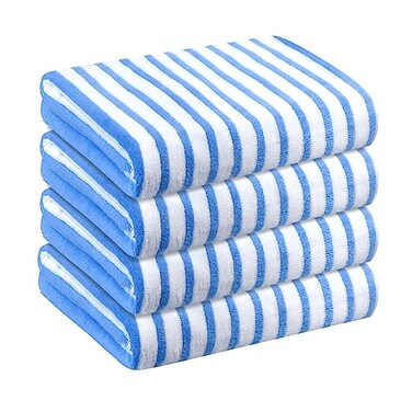 JML Microfiber Bath Towel Sets, 4 Pack, 27" x 55", Cabana Stripe Blue