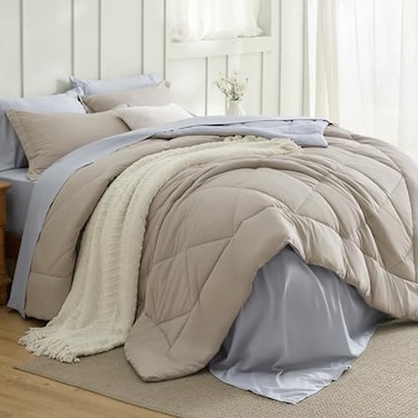 Bedsure Bed in a Bag King Reversible Bed Set 7 Pieces Beige/Silver Grey
