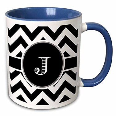 3dRose Black and white chevron monogram initial J 11oz Two-Tone Blue Mug