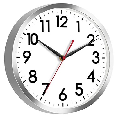 AKCISOT 12 Inch Wall Clock, Silent Battery Operated Analog Clock, Silver