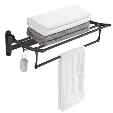 BESy Towel Racks with Foldable Towel Bar Hooks, Wall Mounted Matte Black