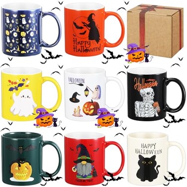 Maxdot 8 Pcs Halloween Ceramic Coffee Mugs Set 12 oz with Handle, Bright