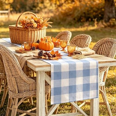yuboo Light Blue Gingham Table Runner 72 inches Long, Buffalo Plaid Home Decor