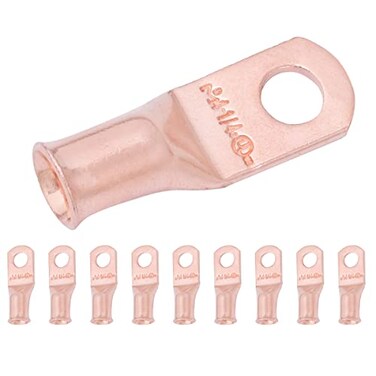 SELTERM 10pcs 4 AWG, 1/4" Stud Heavy Duty Bare Copper Battery Cable Lugs