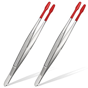 Honoson 2 Pcs Rubber Tipped Tweezers Flat Silicone Tip Round Tweezer, Red
