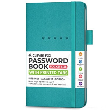 Clever Fox Password Book, Alphabetized Username Notebook, Small Turquoise