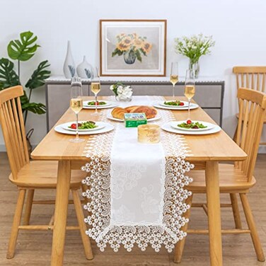 BrekSdat Lace Table Runner Waterproof Fabric Washable Off White 16x35inch
