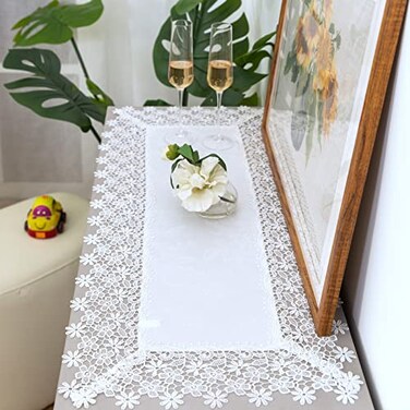 BrekSdat Lace Table Runner Waterproof Fabric Washable Off White 16x35inch
