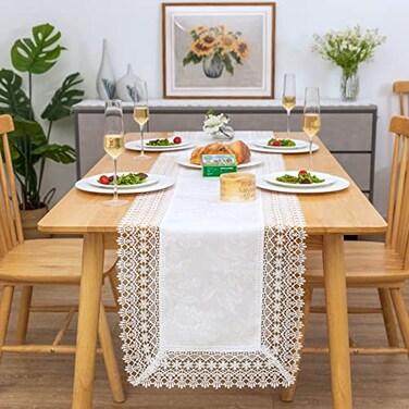 BrekSdat Lace Table Runner Waterproof Fabric Washable Off White 16x70inch