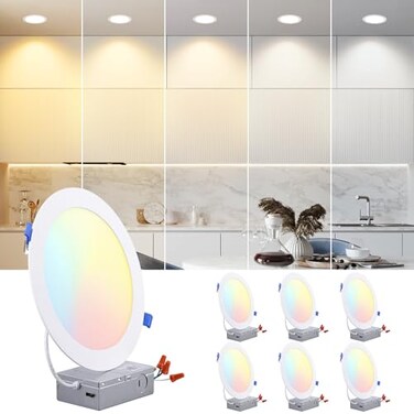TORCHSTAR 6-Pack 8 Inch Ultra-Thin LED Recessed Ceiling Light, 5CCT, CRI90
