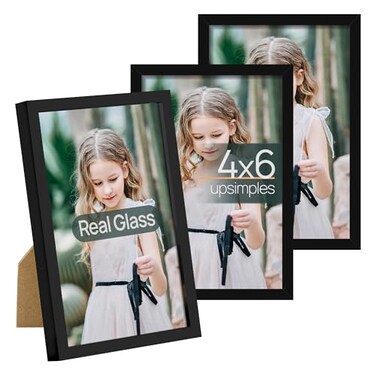 upsimples 4x6 Picture Frame Glass, Thin Border, Black Photo Frames, 3 Pack
