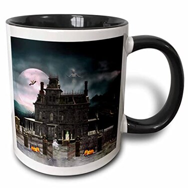 3dRose Halloween haunted house in night with ghosts 11oz Two-Tone Black Mug