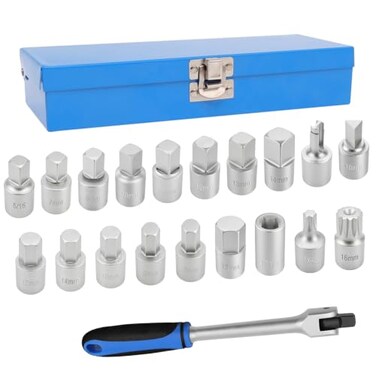 JEUCLEL 20PCS 3/8" Drive Oil Drain Sump Plug Key Set, Drain Plug Socket Kit