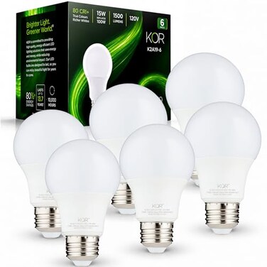KOR 6-Pack A19 LED Light Bulbs, 100W Equivalent, 2700K Warm White, E26 Base