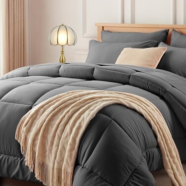 Newspin King Size Comforter Set 7 Pieces Bed in a Bag Bedding Set Dark Grey