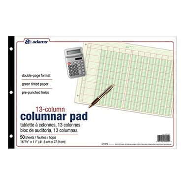 AdamsAnalysis Pad, 16 3/8" x 11", 100 Pages (50 Sheets, 13 Columns, Green