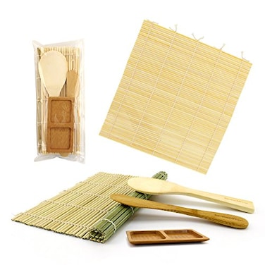 BambooMN Sushi Mat Kit Green, Natural Rolling Mat, Rice Paddle, Spreader, Sauce Dish