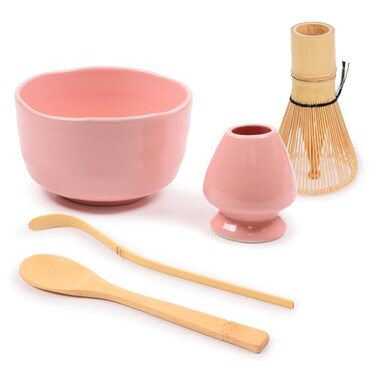 BambooMN Matcha Bowl Set (Includes Bowl, Rest, Tea Whisk, ChasakuTea Spoon1 Set Pink