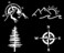 Slaced Compass Mountain Decal Pack: Mountains with Compass, Mountain Sun Waves, Pine Tree (White, Small 3.5