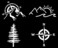 Slaced Compass Mountain Decal Pack: Mountains with Compass, Mountain Sun Waves, Pine Tree (White, Small 3.5