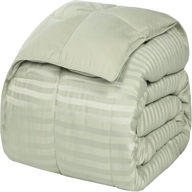 Superior Reversible Down Alternative Polyfill Blanket with Striped Microfiber Shell - Full/Queen, Sage