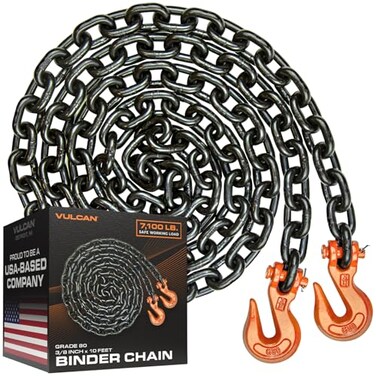 VULCAN Binder Chain Tie Down with Grab Hooks - Grade 80-3/8 Inch x 20 Foot - 7,100 Pound Safe Working Load